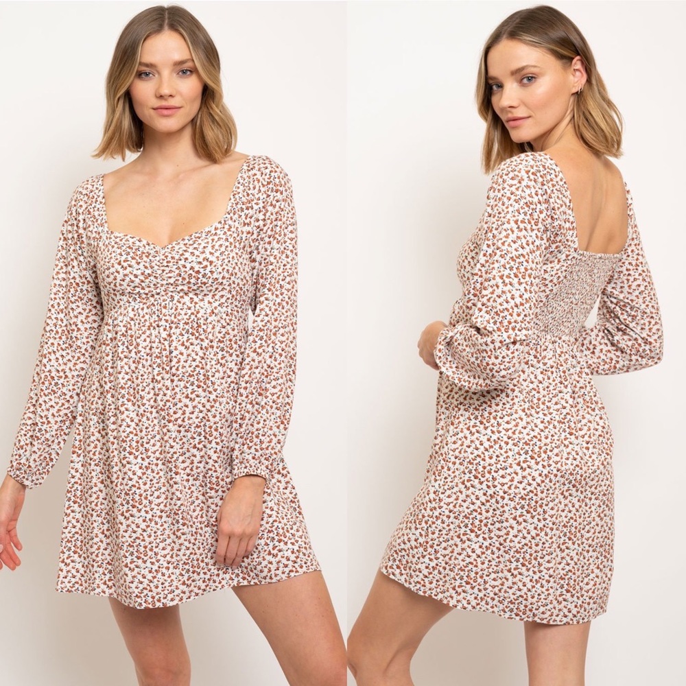 Floral Print Long Sleeve Smocked Back Dress